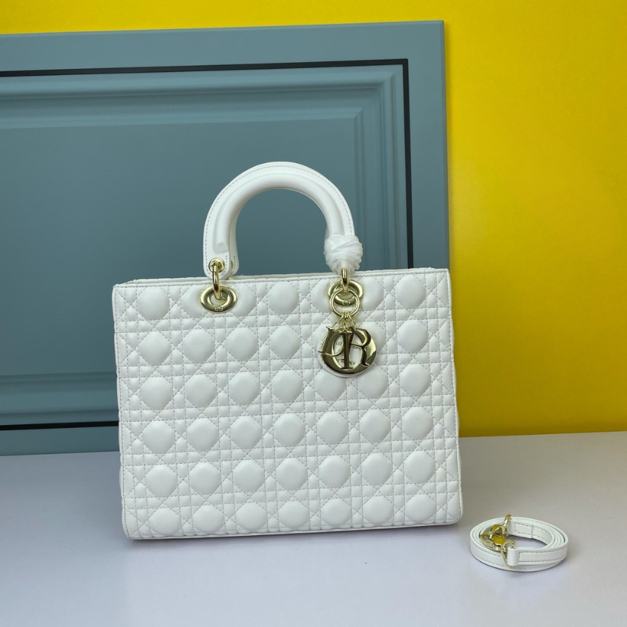 Dior Large Lady Dior Cannage Lambskin Bag - Latte
