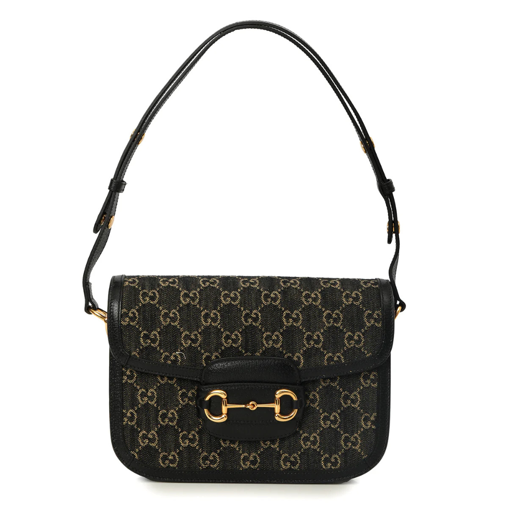 Gucci Horsebit 1955 GG Small Denim Shoulder Bag – Black